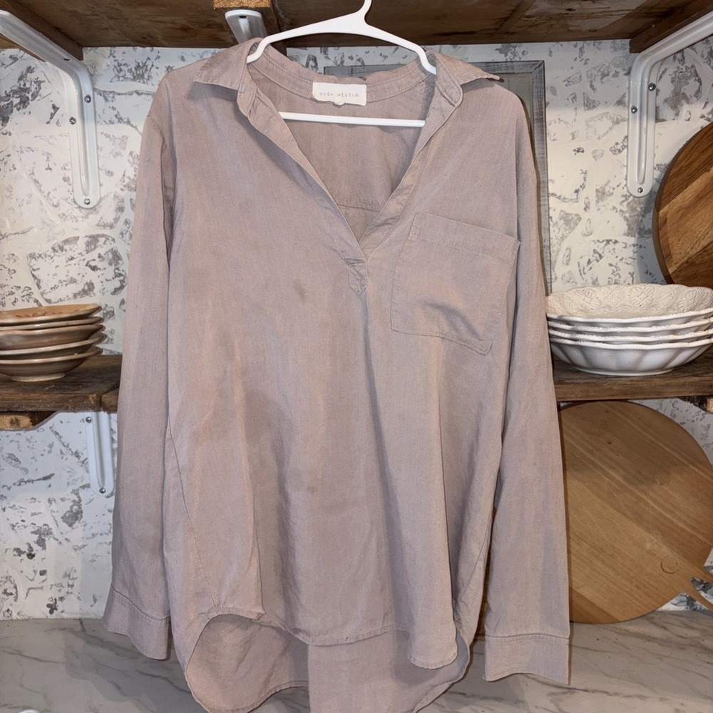 Side Stitch Women's S Flowy Pullover Bohemian Coastal Cowgirl Tan Tunic Shirt
